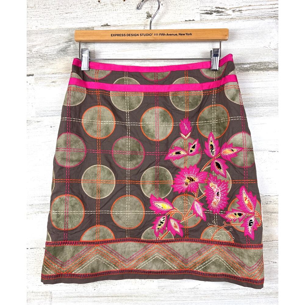 Etcetera Womens 6 Brown Pink Embroidered Boho Mini Skirt Casual Work Dressy